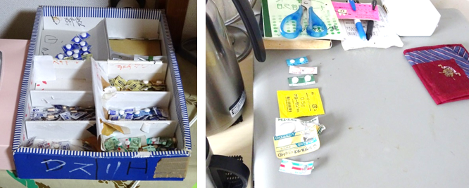 薬の管理:空箱を利用し種類別に収納したり、飲み忘れ防止に翌日分を並べています